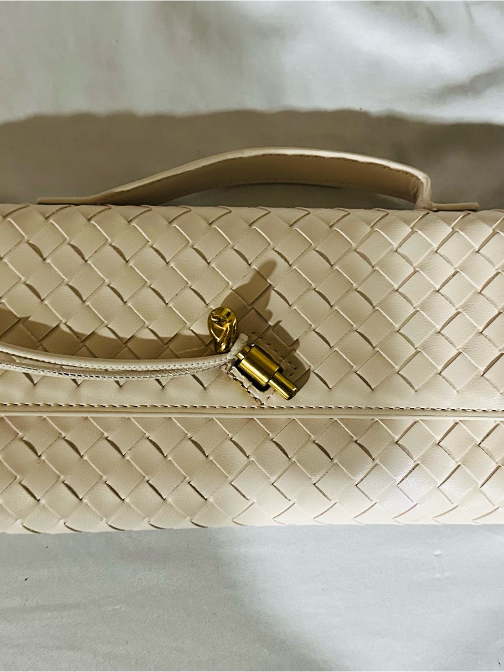 Woven Cream Faux Leather Top-Handle Bag with Gold Accent
